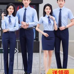 男女同款职业衬衫浅蓝长短袖套装夏季衬衣工作服 短袖衬衫 前台 M